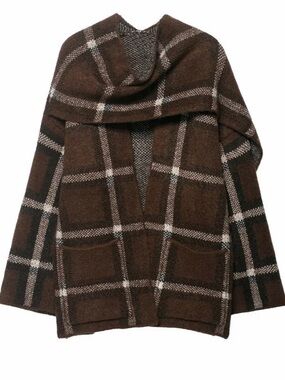 Brown Plaid Cozy Open-Front Women's Coat